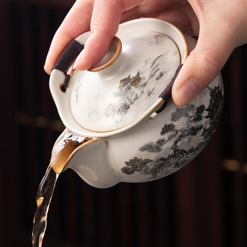汝窑陶瓷手抓壶功夫泡茶壶一人用小套便携式户外旅行茶具套装家用