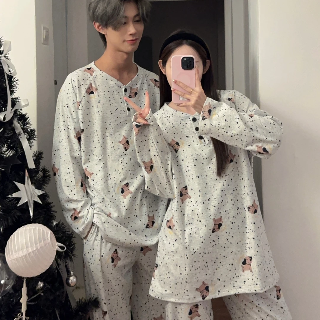 韩版可爱小狗情侣睡衣女秋冬季新款高级感德绒薄绒套装男士家居服