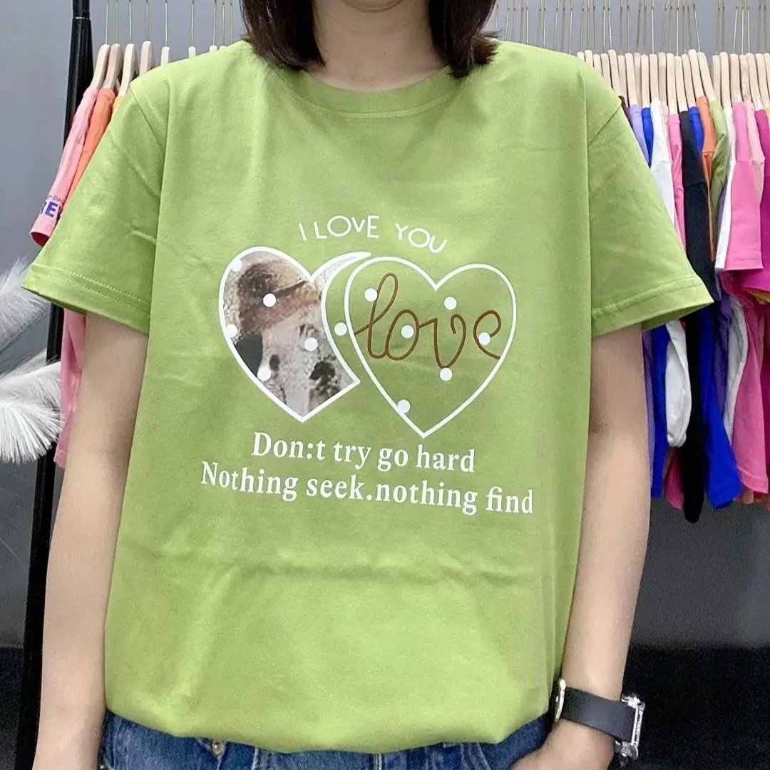 双心 高级女士休闲精品纯棉短袖T恤圆领正肩宽松清新绿色青春减龄