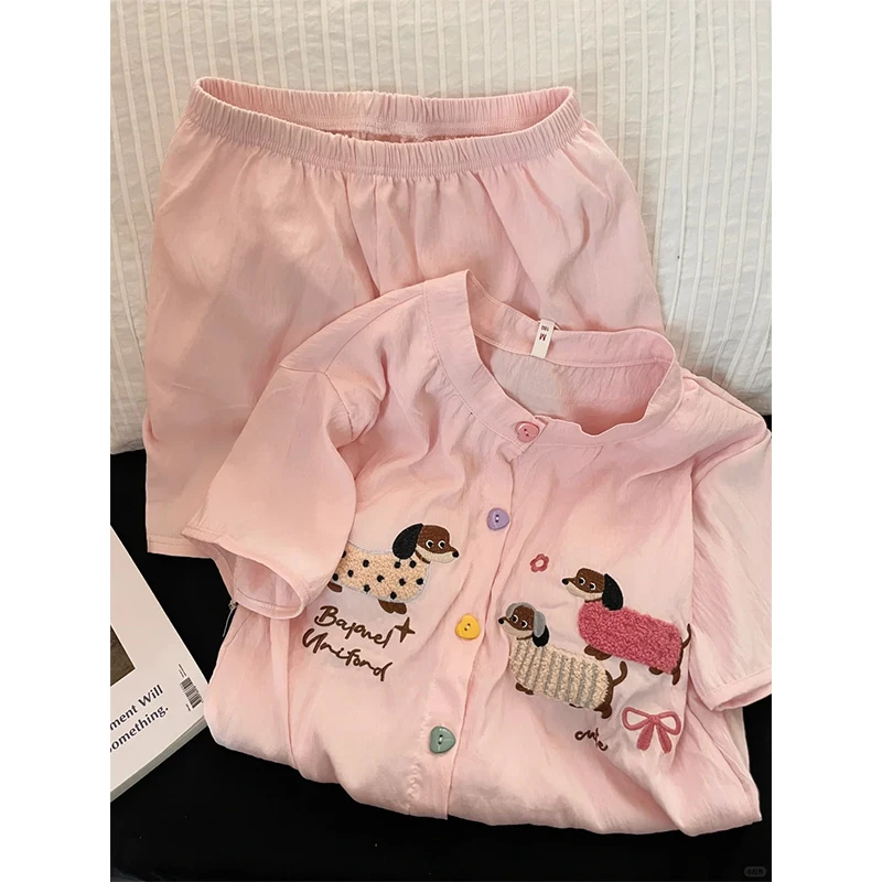 甜美粉色香肠狗印花少女睡衣女夏季新款家居服大码短袖短裤两件套