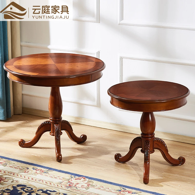 美式小圆几桌家用圆形餐桌休闲茶几圆咖啡桌椅子组合卧室实木圆几