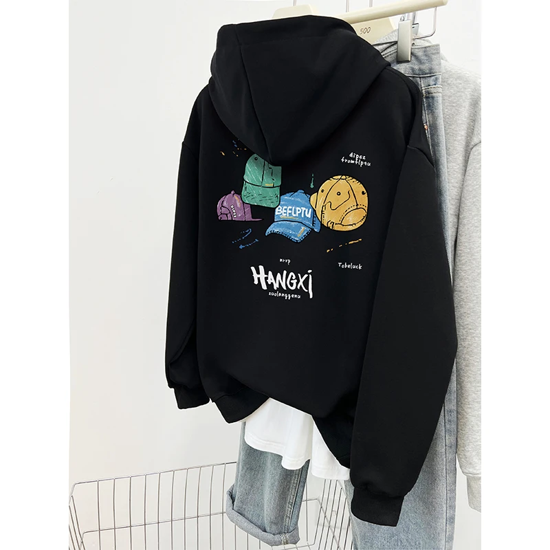 黑色重磅连帽卫衣加绒加厚女冬装新款韩系慵懒风宽松休闲百搭上衣