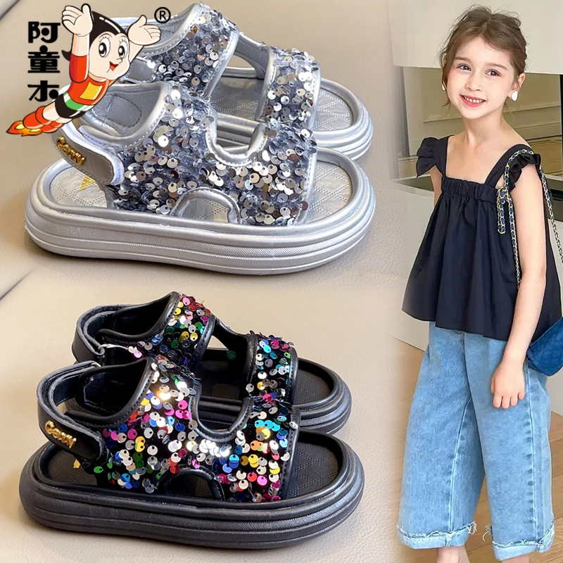 阿童木女童凉鞋2025新款夏季儿童亮片公主鞋时尚洋气沙滩凉拖爆款