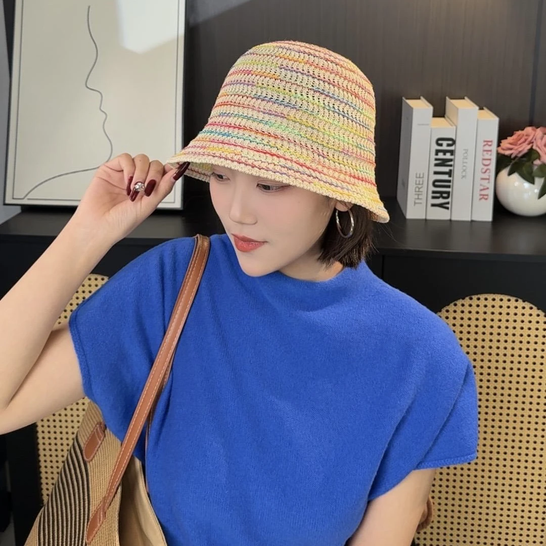 韩国新款ins 奶油蜡笔撞色手工编织帽渔夫帽子女防晒春夏季遮阳帽
