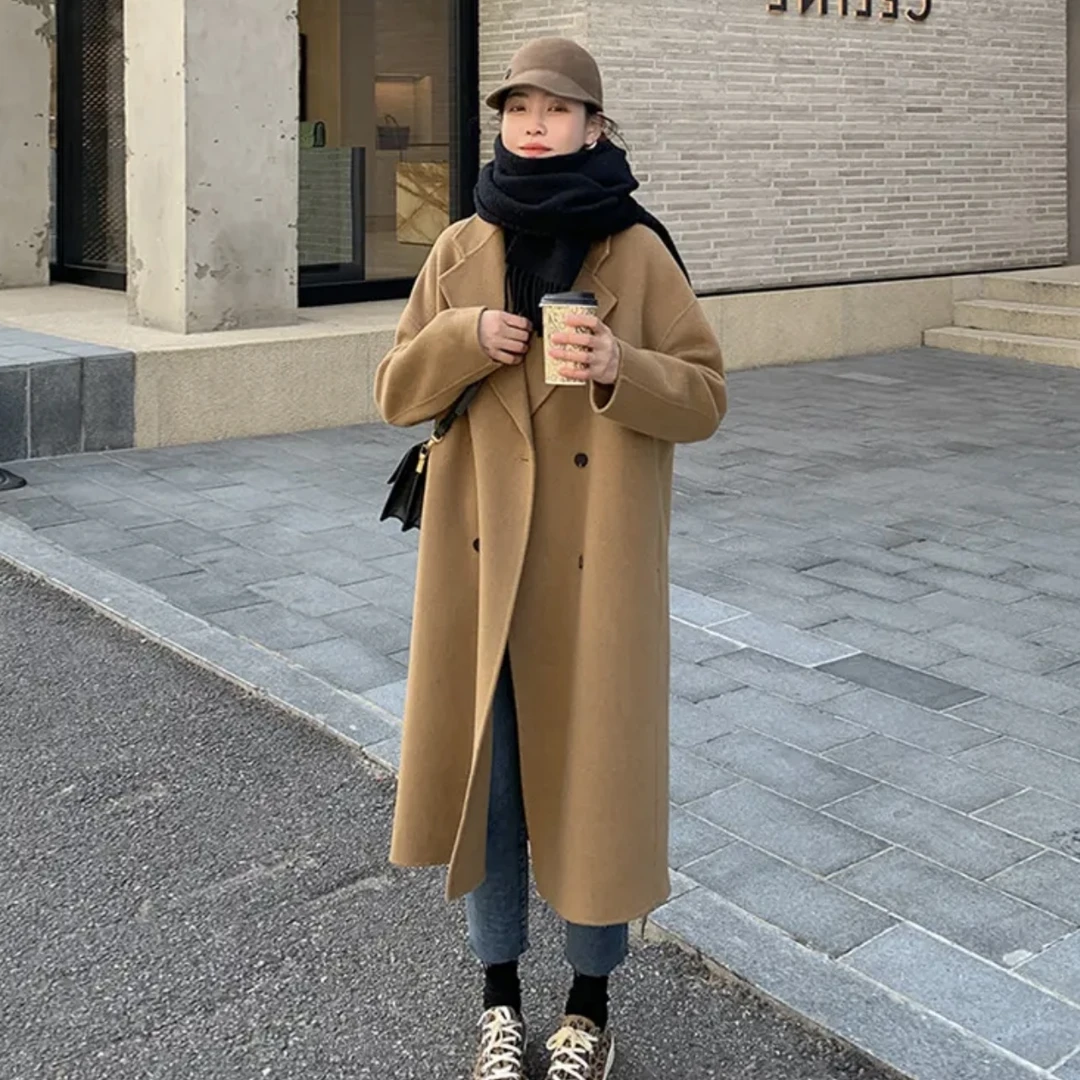 “韩剧女主”松弛感长款学院风宽松复古西服领双面呢大衣羊绒外套