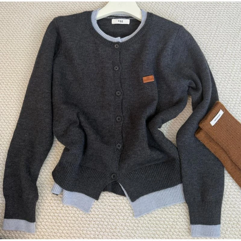 韩系设计款层次感假两件圆领针织开衫毛衣Q58