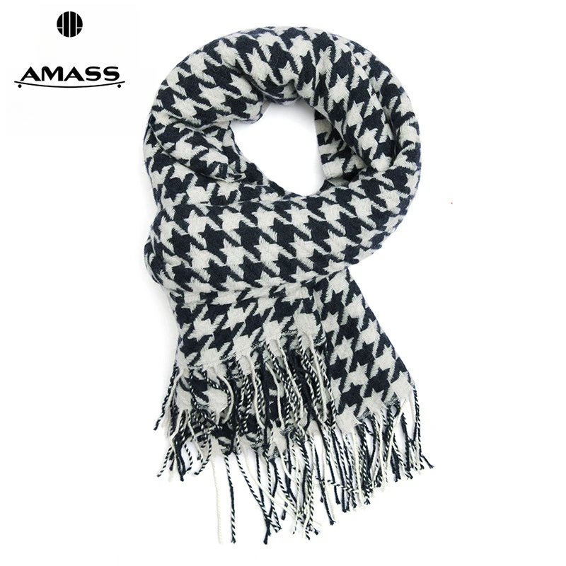 阿玛施AMASS新款千鸟格亲肤柔软绵羊毛流苏围巾围脖5800038