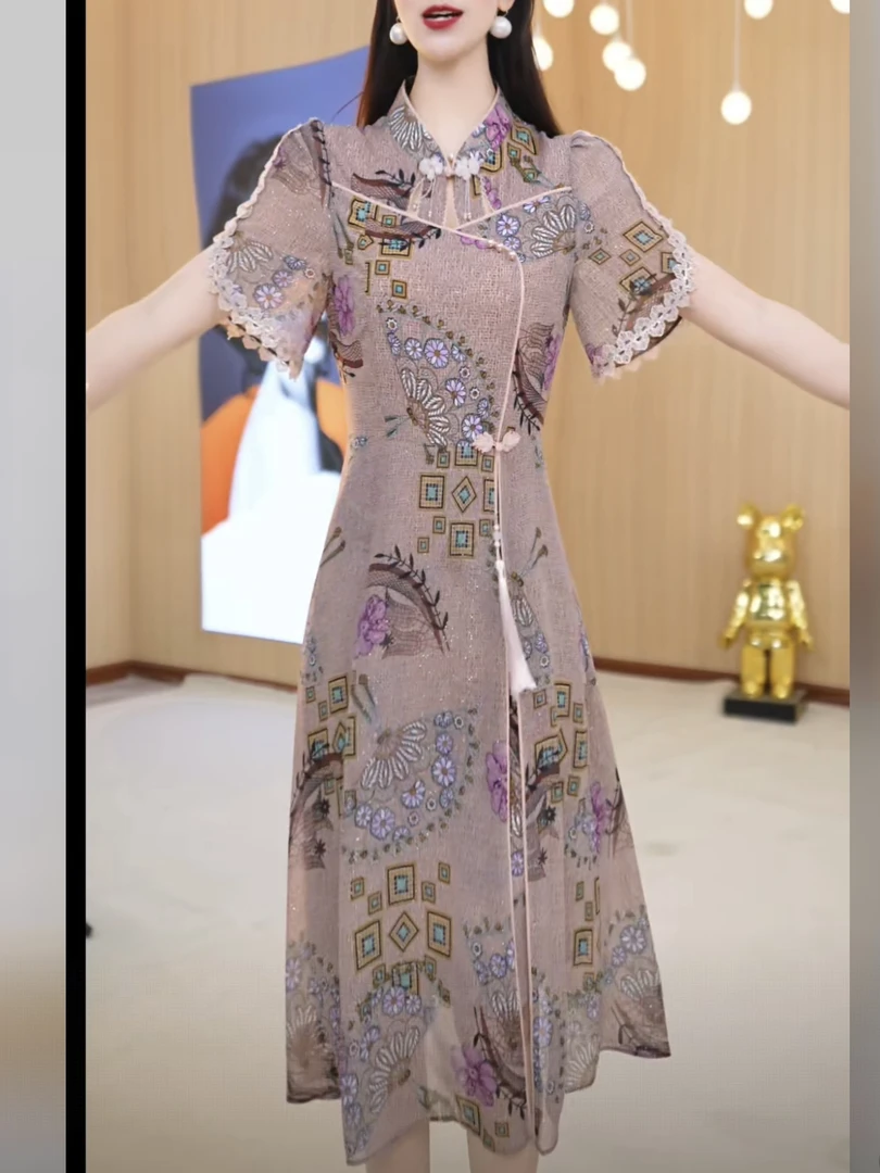 【连衣裙蕾丝】2025夏季新款洋气立领绣花国风复古改良旗袍连衣裙
