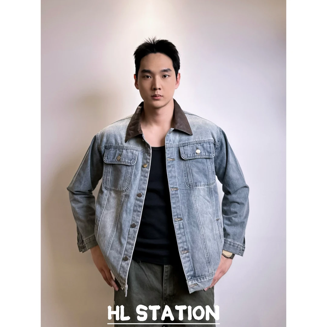 HLSTATION 复古水洗做旧多口袋翻领牛仔夹克外套