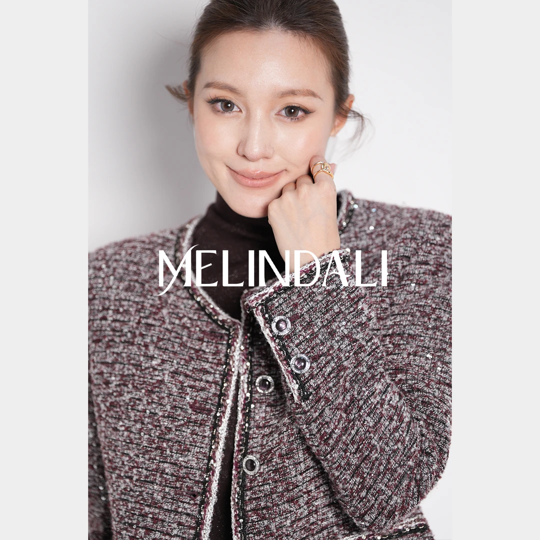 Melinda Li【紫猫眼小香】亮片粗花呢正肩小香风外套短款半裙套装