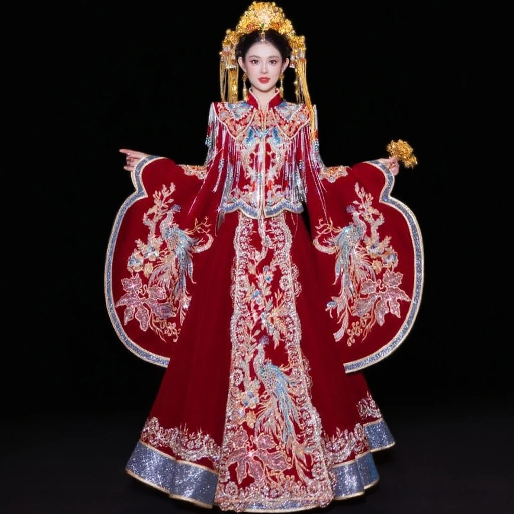 明式改良秀禾服2025新款重工新娘结婚丝绒嫁衣凤冠霞帔出阁礼服女