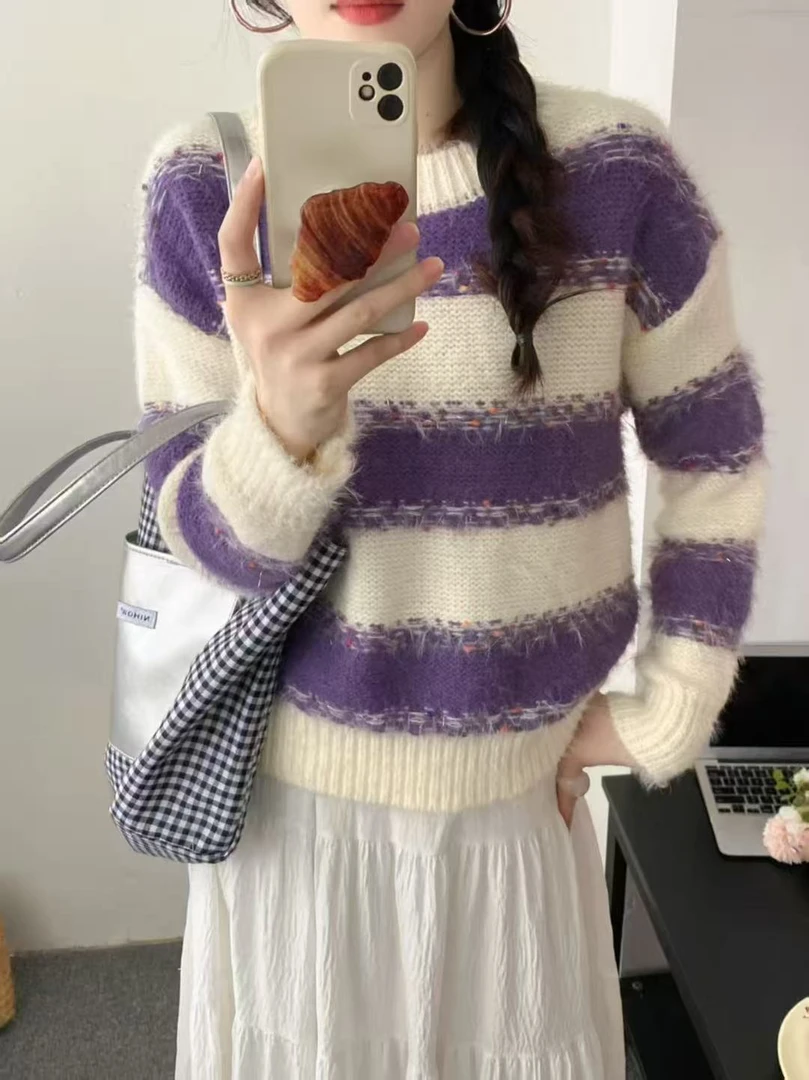 25969温柔风复古提花慵懒毛衣女秋冬季拼色条纹软糯保暖内搭