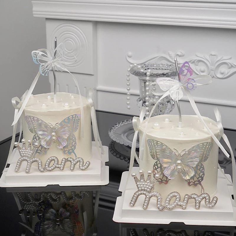2025母亲节唯美蛋糕装饰立体蝴蝶插件珍珠MOM妈妈节日烘焙装扮