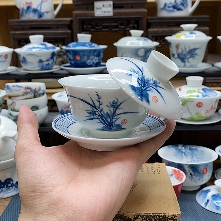 手绘兰花悬停盖碗150cc釉下彩微瑕福利款