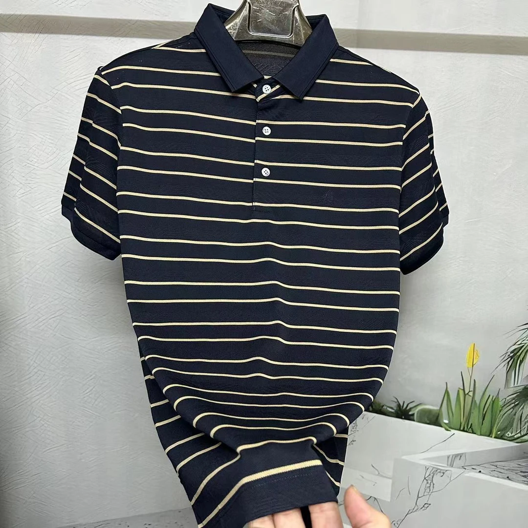 含桑蚕丝！薄款男夏季常规短袖吸汗Polo衫时尚上衣简约t恤百搭条纹