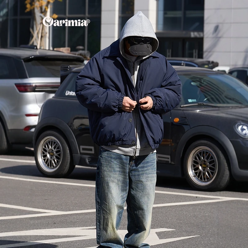 oarimia日系复古秋冬宽松工装夹棉服教练夹克棉衣翻领休闲外套男