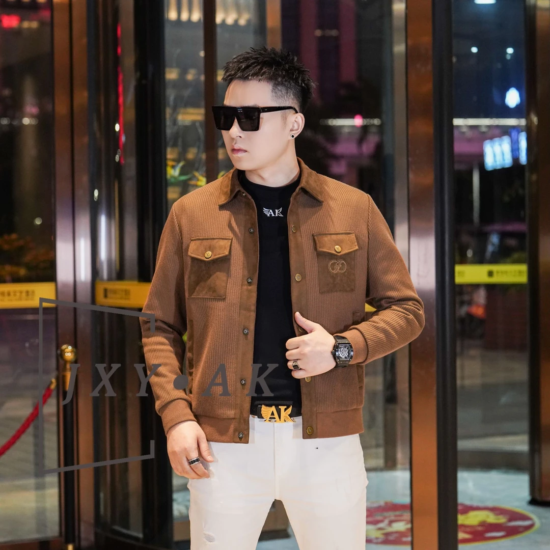 AK/2025秋季新款男士翻领针织夹克时尚百搭复古潮流外套男