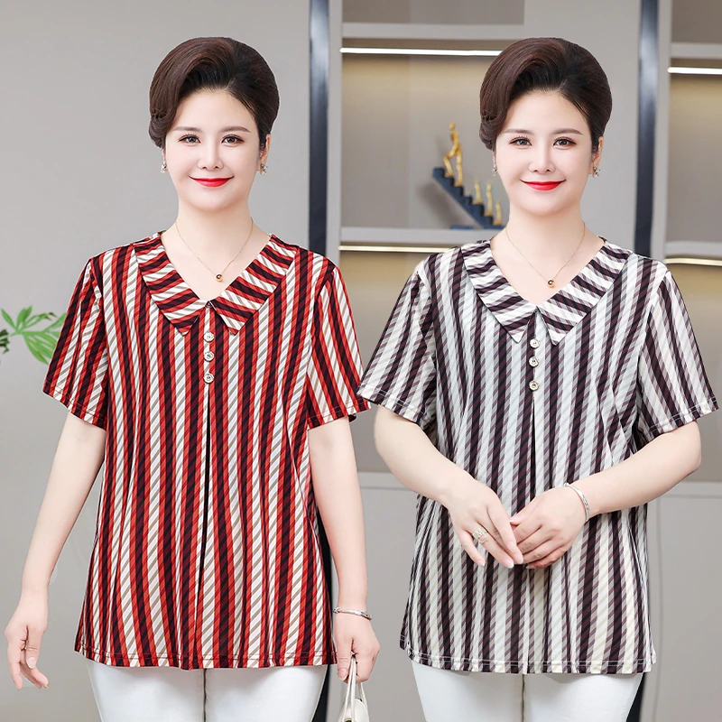 2025夏季新款妈妈装短袖T恤女时尚洋气宽松大码半袖上衣翻领小衫