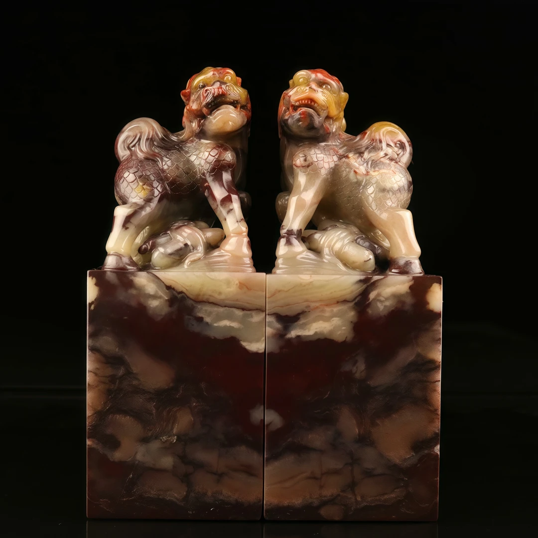 早起内蒙古天然老料巴林石 麒麟 圆雕对章篆刻书法工艺国石礼品