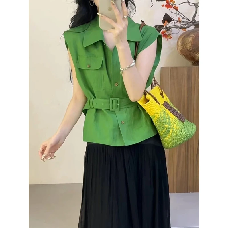 牛油果绿色坎肩腰带衬衫女夏季高知穿搭法式小资上衣独特漂亮衬衣