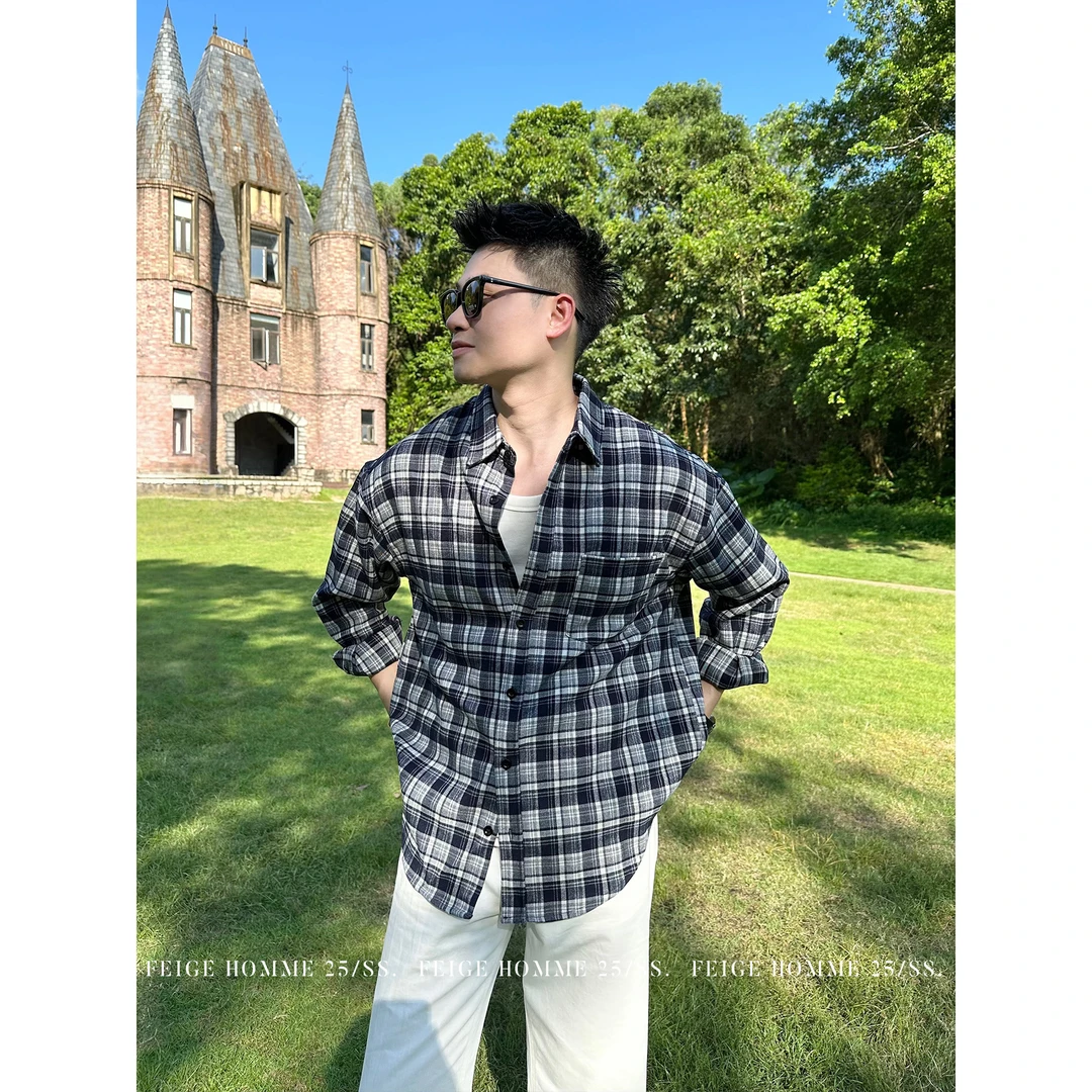 APENG秋 长袖衬衫复古格子翻领男士经典休闲衬衣外套#321