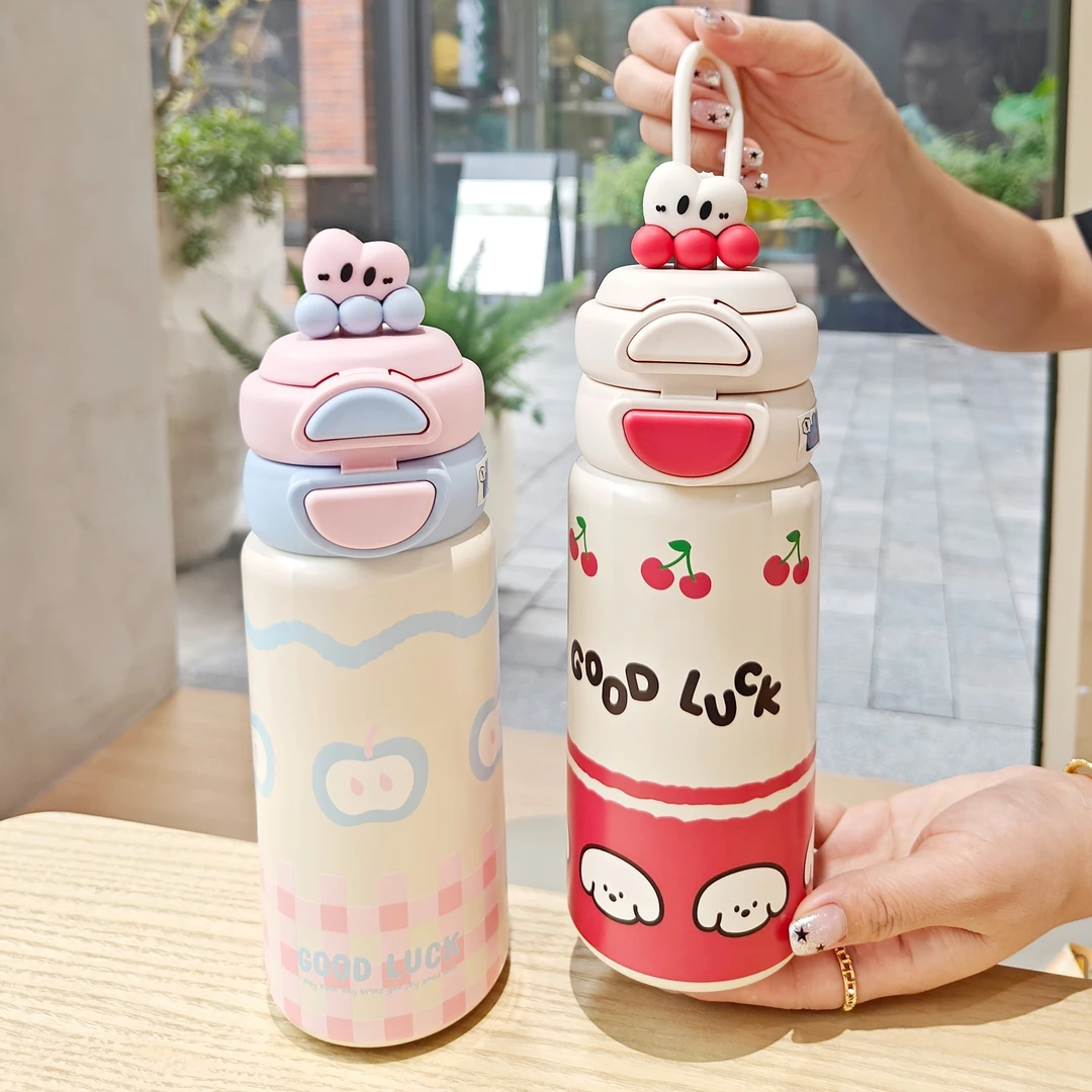 可爱卡通公仔保温杯一键弹盖吸管直饮两用真空杯学生礼品水杯