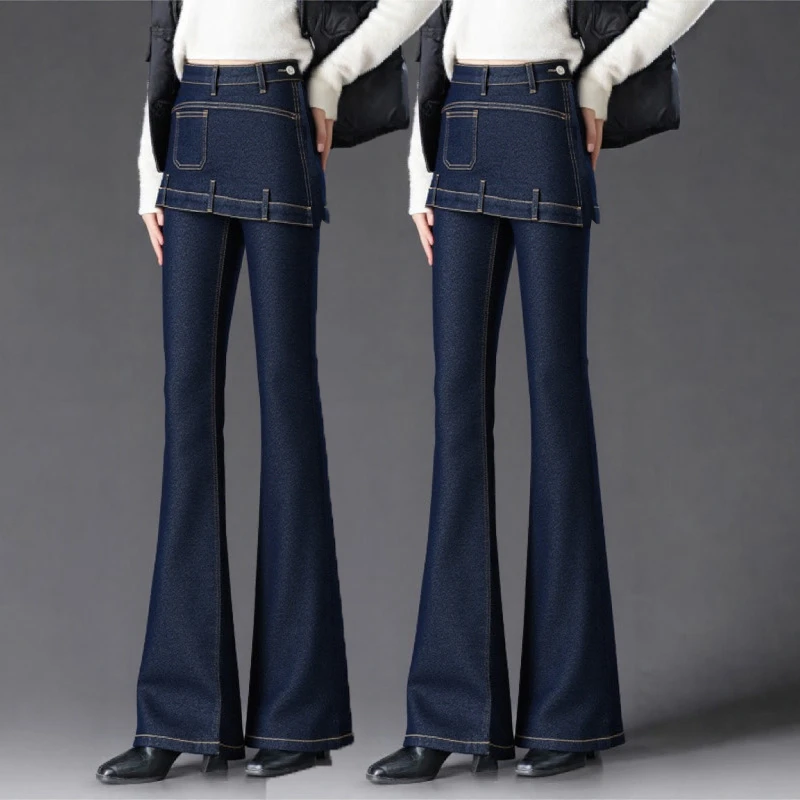 新款高腰春秋季2025设计洋气高街时尚假两件日系修身牛仔裤长裤