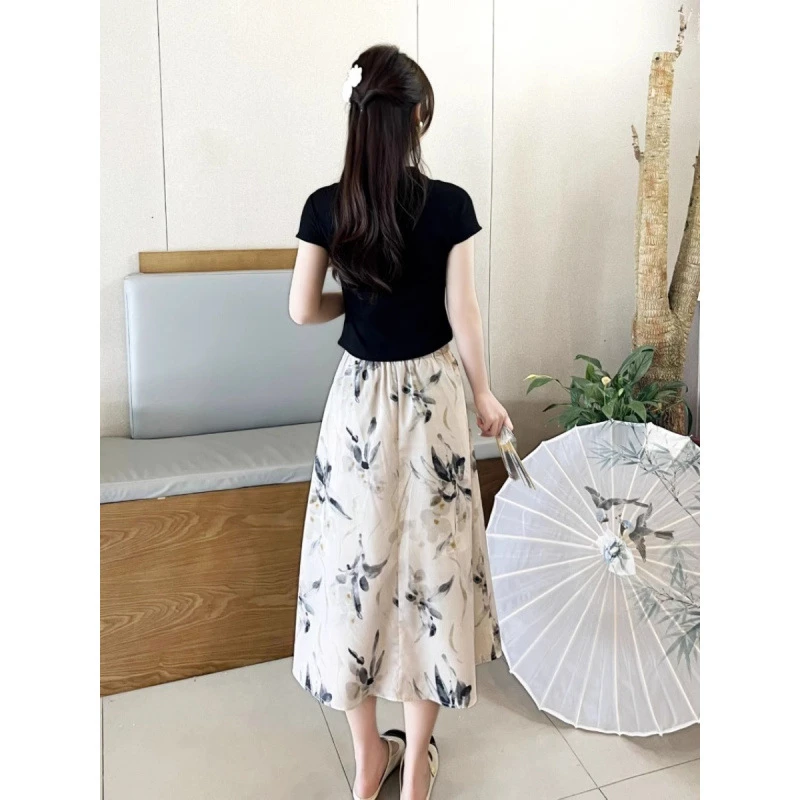 2025新款套装裙国风新中式正肩洋气短袖T恤半身裙两件套夏季