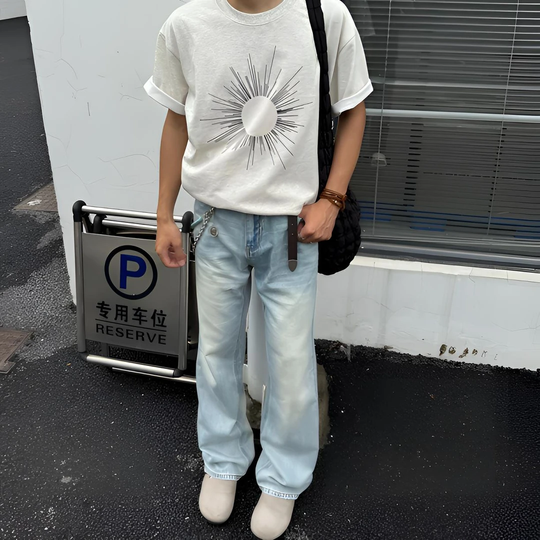 TimeSea25ss“奶油冰蓝”莱赛尔牛仔cleanfit宽松微喇裤子男款夏季