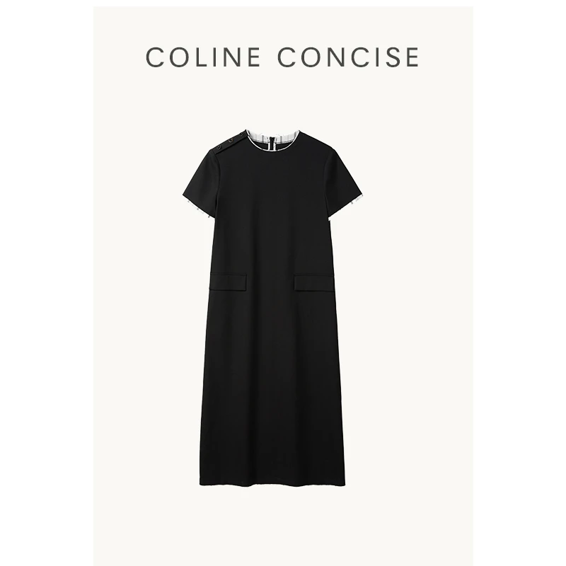 COLINE CONCISE 25SS 小众设计黑色连衣裙短袖假两件长裙Z88160