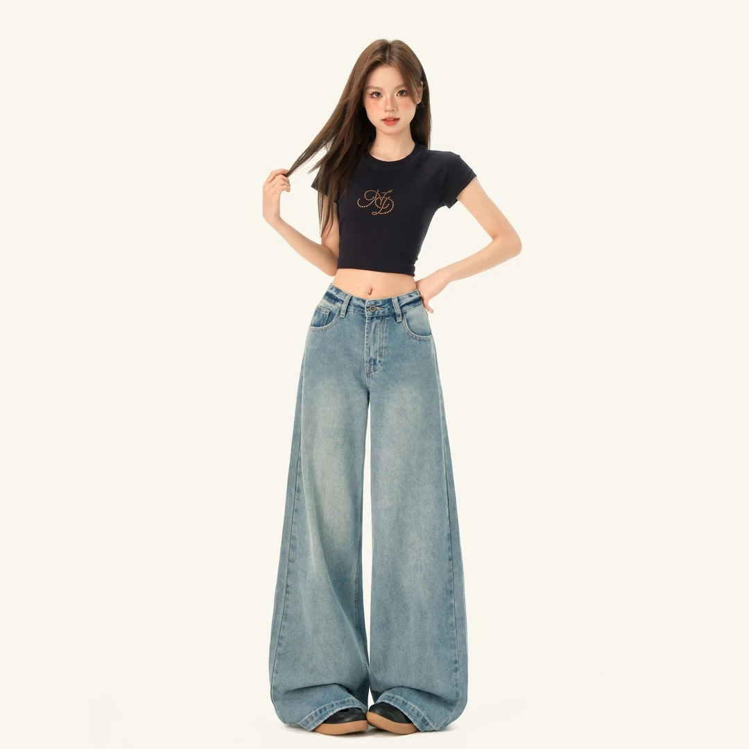 MNGRL 浅蓝色阔腿牛仔裤女水洗磨白宽松直筒裤高腰显瘦垂感拖地裤