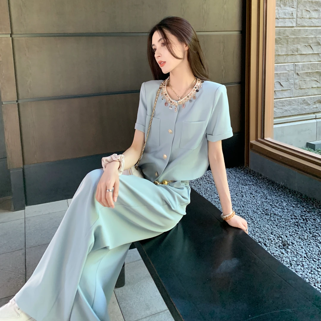 巨好看的夏天套装2025新款高级感时尚休闲小香风上衣阔腿裤两件套