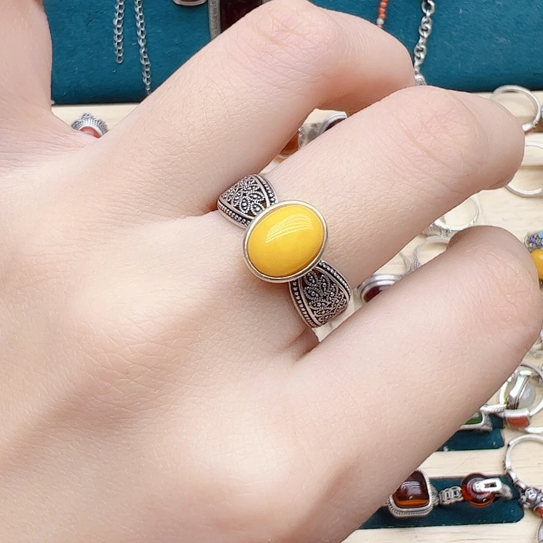 蜜蜡戒指银S925镶嵌天然