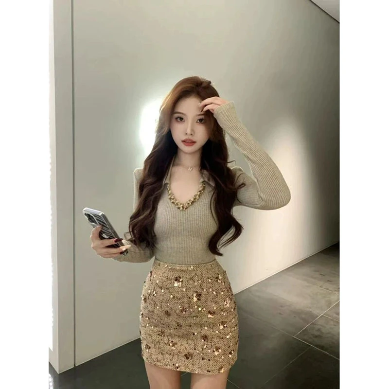 纯欲气质重工编织V领针织长袖上衣女秋冬高腰显瘦亮片包臀裙套装