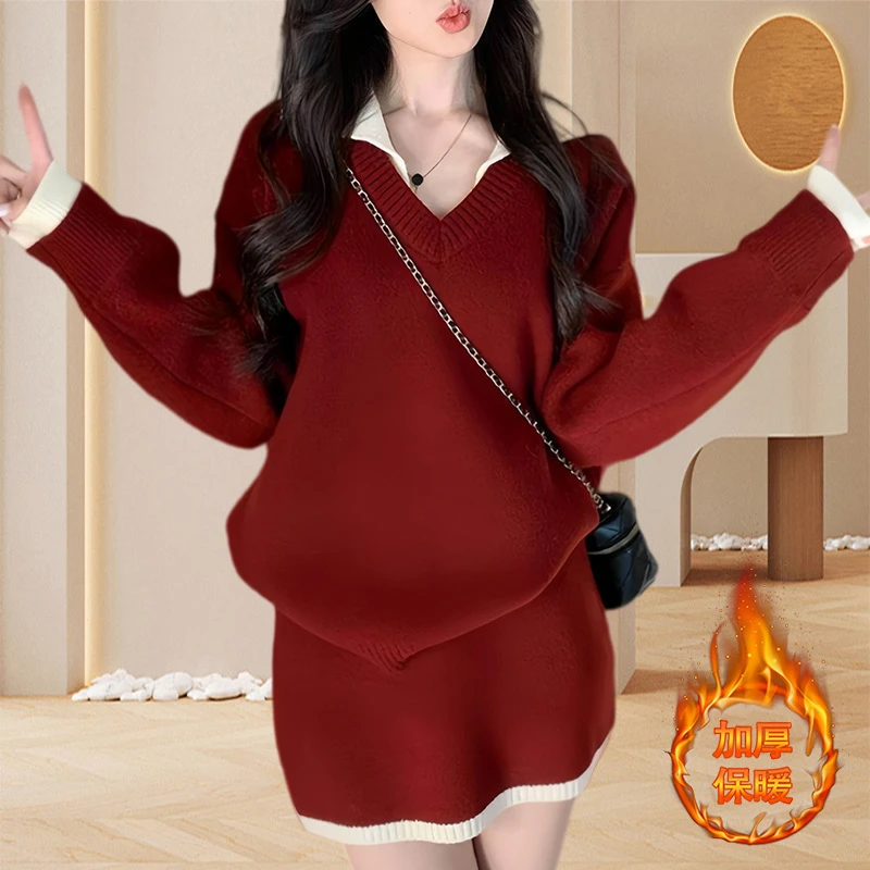 气质高级感女士韩版穿搭套装红色V领毛衣针织衫短裙小个子两件套