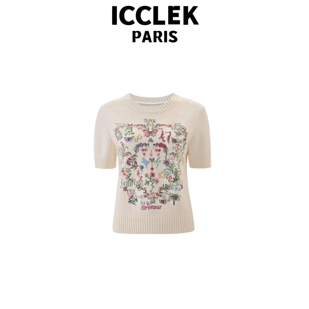 ICCLEK 白色圆领刺绣短袖针织衫夏季休闲百搭 气质名媛上 衣-5270
