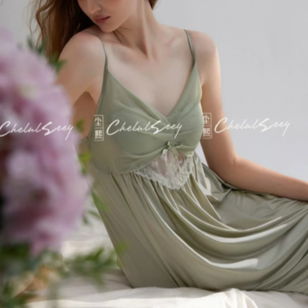 尘熙夏季薄款蕾丝带胸垫纯欲风性感吊带睡裙女家居服