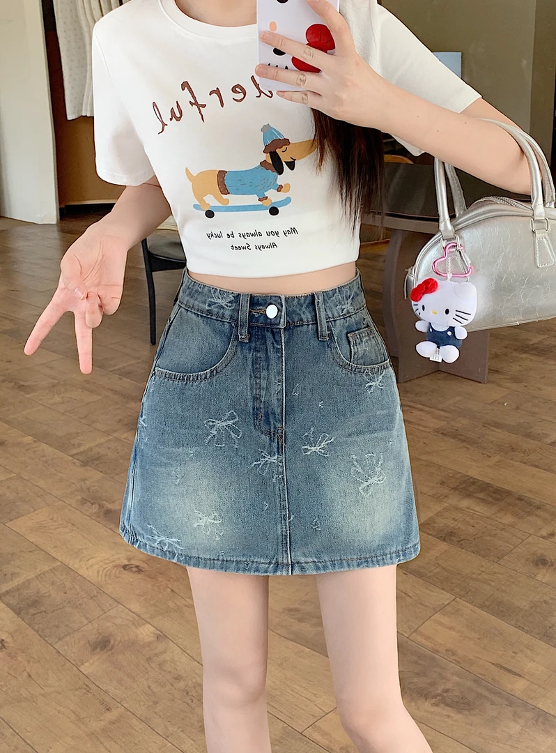 2025胖mm大码蝴蝶结牛仔半身裙小个子有内衬裙子五一旅游出街衣服