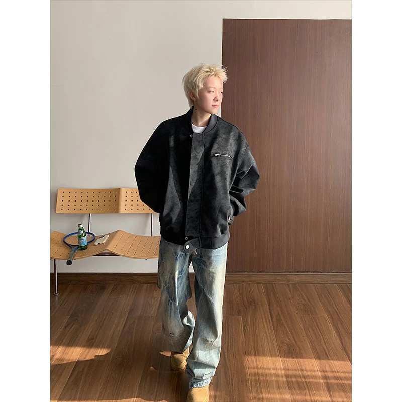 2025春季夹克百搭时尚皮夹克翻领皮衣扎染上衣外套