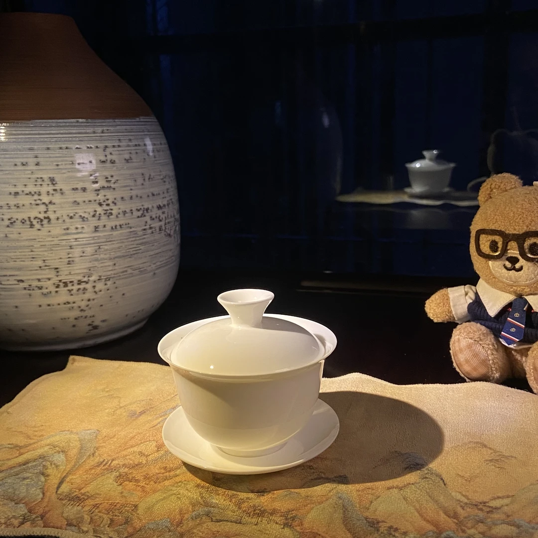 潮州骨瓷盖碗茶具盖下3.6寸元宝白瓷盖碗茶杯陶瓷泡茶具潮汕茶具