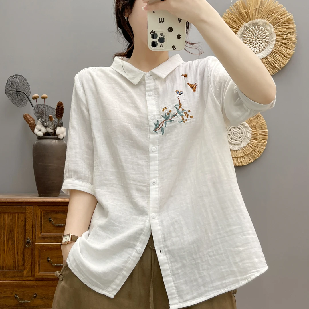 夏季双层棉纱中袖衬衫女复古文艺刺绣花亲肤透气纯棉五分袖上衣