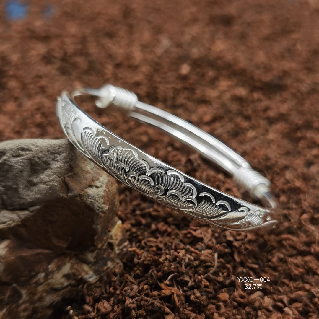 足银手镯 艺心向黔手工艺品牡丹花实心推拉雕花纯银镯子送长辈