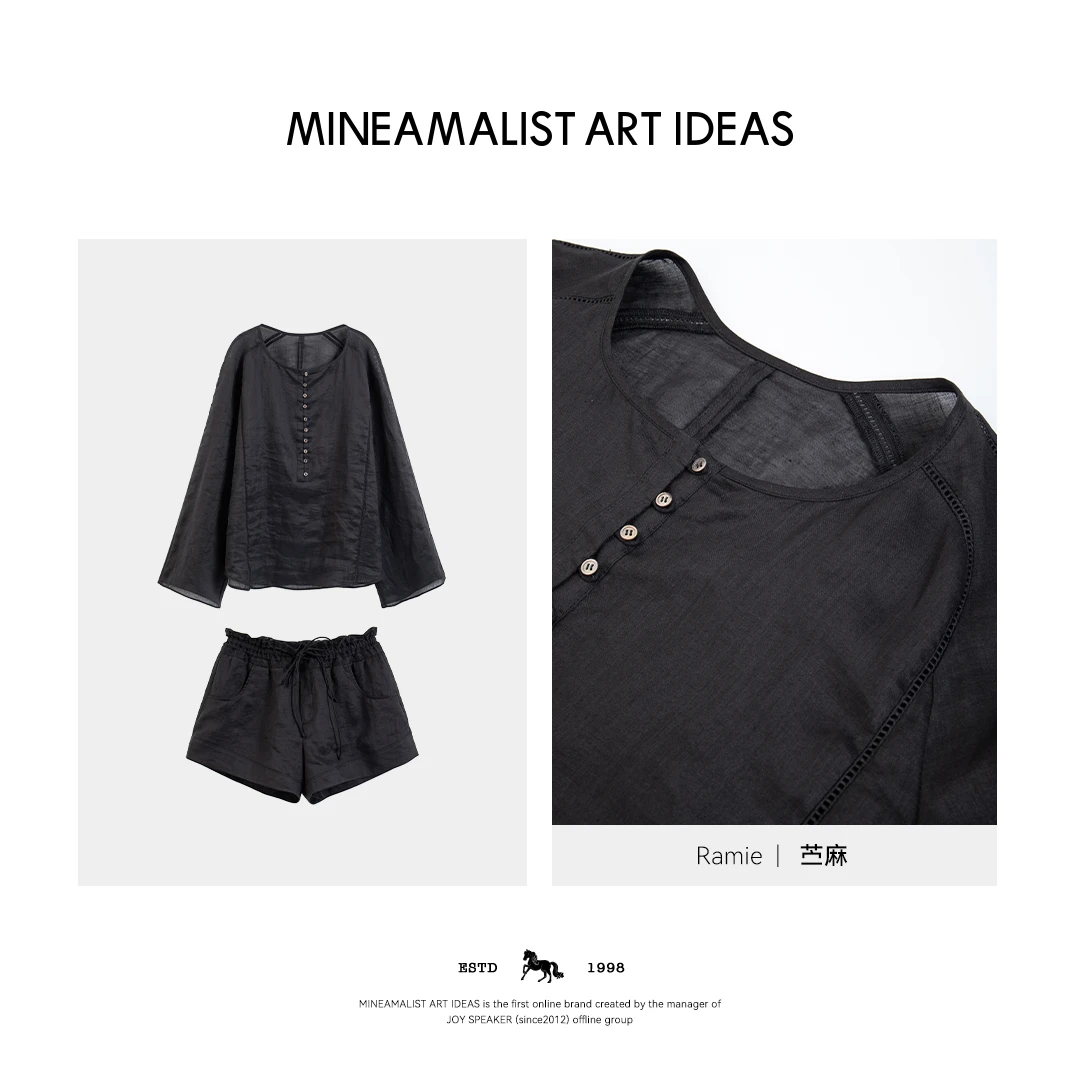 夏季圆领纽扣苎麻喇叭袖上衣短裤4100M