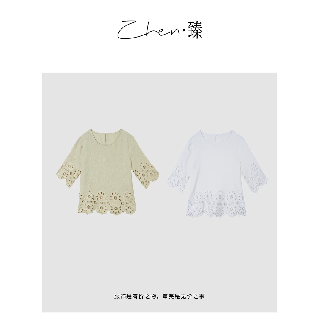 ZHEN.臻  欧货轻奢夏季泡泡袖穿搭镂空刺绣麻料上衣SY2092Z