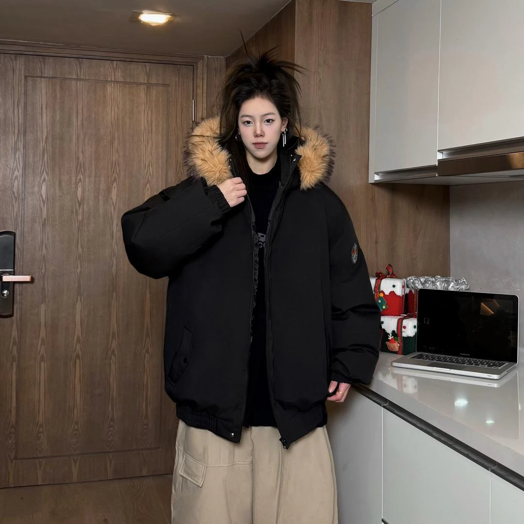 现货-【可拆卸大毛领棉服】冬季新款连帽棉衣情侣保暖百搭派克服