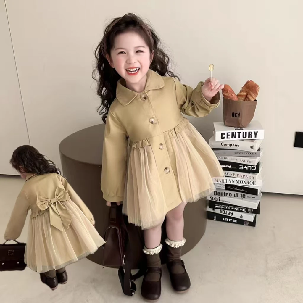 女童网红款蝴蝶结风衣女孩春装2025新款洋气外套儿童春秋款女宝宝