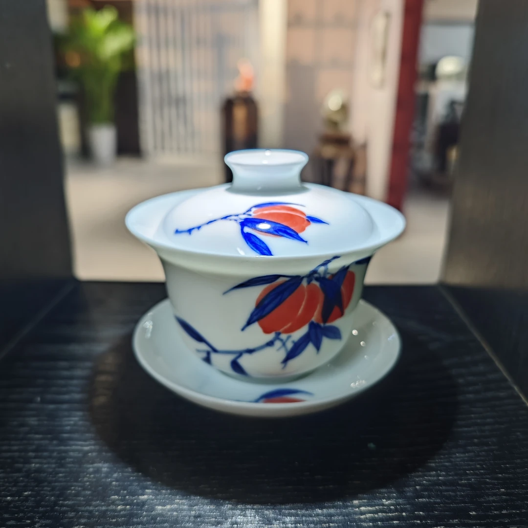 B36【人间瓷画】 镇山名窑-桃子三才盖碗