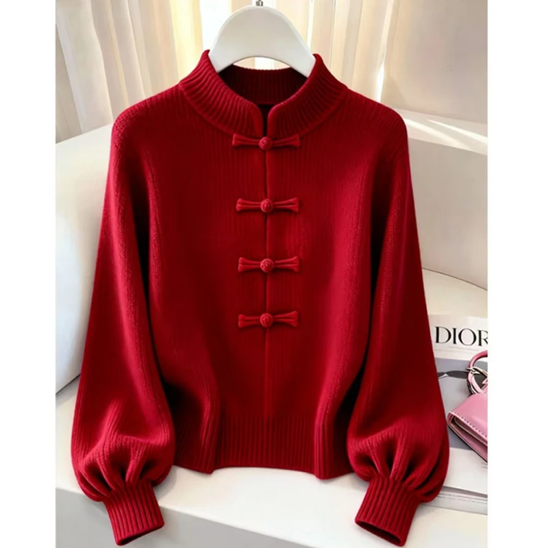 新年跨年穿搭新中式国风立领针织毛衣秋冬季大码胖MM慵懒软糯上衣