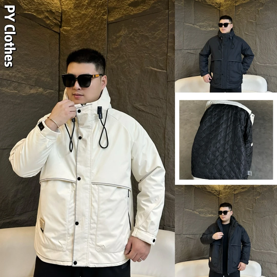 【二棉】胖语大码男装 2025冬季百搭工装风拼接明线连帽棉服88570#S