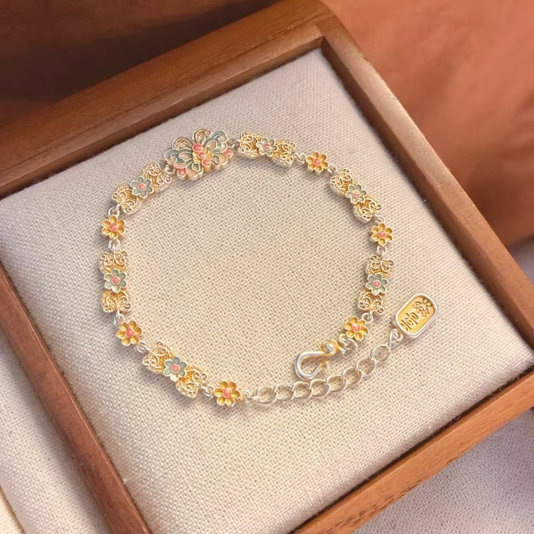 足银珐琅手镯 足银9999珐琅彩手链女民族风轻奢时尚高级感礼物